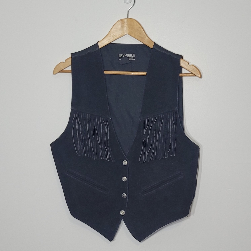 Vintage Black Genuine Leather Fringes Detailed Button Down Pocket Medium